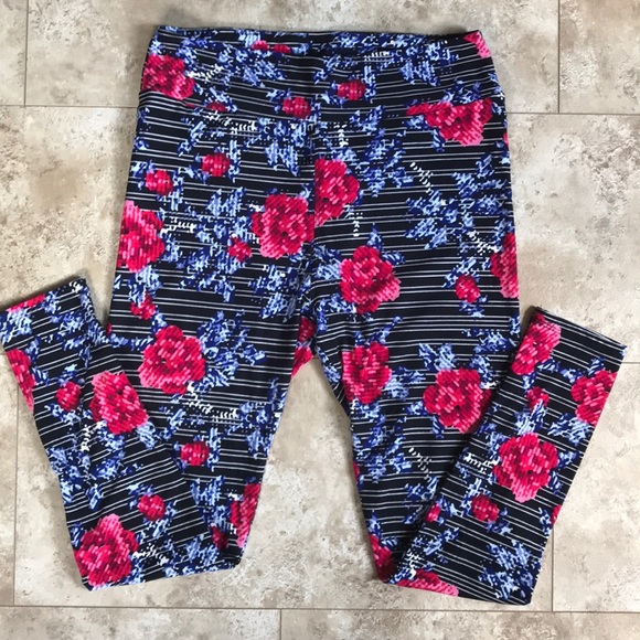 LuLaRoe Flower and Stripe Leggings - Picture 2 of 4